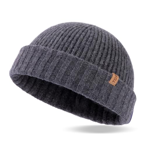 TOP-EX XL/XXL 100% Merino Wolle Fisherman Beanie Trawler Beanie Herren Damen Wintermuetze Strickmuetze Grau M/L von TOP-EX