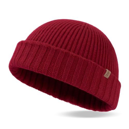 TOP-EX XL/XXL 100% Merino Wolle Fisherman Beanie Trawler Beanie Herren Damen Wintermuetze Strickmuetze Rot M/L von TOP-EX