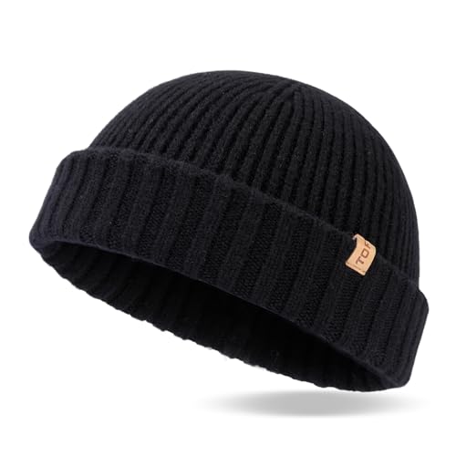 TOP-EX XL/XXL 100% Merino Wolle Fisherman Beanie Trawler Beanie Herren Damen Wintermuetze Strickmuetze Schwarz M/L von TOP-EX