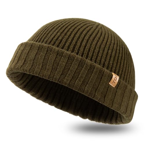 TOP-EX XL/XXL 100% Merino Wolle Trawler Beanie Herren Damen Fisherman Beanie Wintermuetze Strickmuetze Armeegrün XL/XXL von TOP-EX