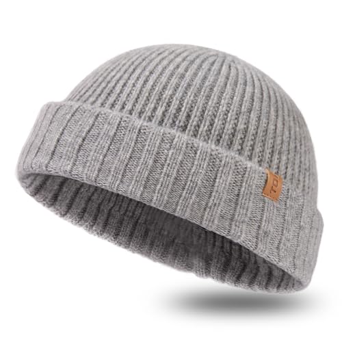 TOP-EX XL/XXL 100% Merino Wolle Trawler Beanie Herren Damen Fisherman Beanie Wintermuetze Strickmuetze Hellgrau XL/XXL von TOP-EX