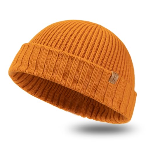 TOP-EX XL/XXL 100% Merino Wolle Trawler Beanie Herren Damen Fisherman Beanie Wintermuetze Strickmuetze Orange M/L von TOP-EX