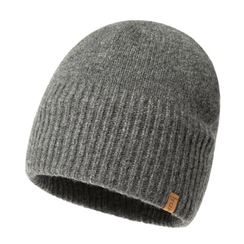 TOP-EX XL/XXL 100% Merinowolle Beanie Mütze, Wintermuetze Herren Damen, Fisherman Beanie Trawler Mütze, Strickmuetze, Warme Fleece Futter Grau M/L von TOP-EX