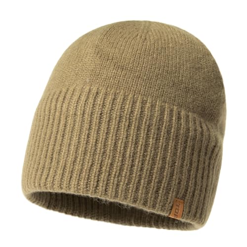 TOP-EX XL/XXL 100% Merinowolle Beanie Mütze, Wintermuetze Herren Damen, Fisherman Beanie Trawler Mütze, Strickmuetze, Warme Fleece Futter Khaki M/L von TOP-EX