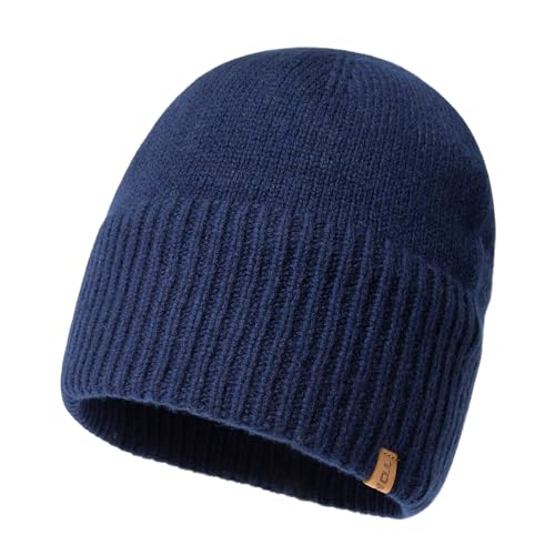 TOP-EX XL/XXL 100% Merinowolle Beanie Mütze, Wintermuetze Herren Damen, Fisherman Beanie Trawler Mütze, Strickmuetze, Warme Fleece Futter Navy Blau M/L von TOP-EX