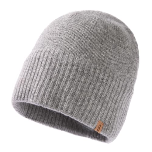 TOP-EX XL/XXL 100% Merinowolle Beanie Mütze, Wintermuetze Wollmütze Herren Damen, Strickmuetze Fisherman Beanie Trawler Mütze Warme Fleece Futter Hellgrau M/L von TOP-EX