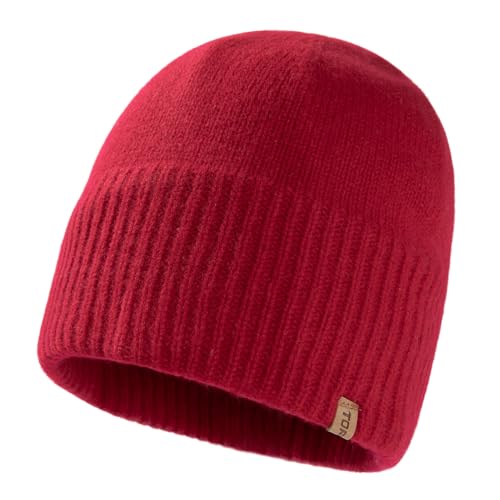TOP-EX XL/XXL 100% Merinowolle Beanie Mütze, Wintermuetze Wollmütze Herren Damen, Strickmuetze Fisherman Beanie Trawler Mütze Warme Fleece Futter Rot XL/XXL von TOP-EX