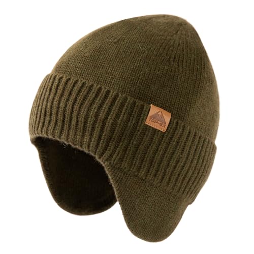 TOP-EX XL/XXL 80% Merinowolle Beanie Herren Damen mit Ohrenschutz Warm Wintermütze wasserdichte Strickmuetze mit Fleecefutter Outdoor Ski Extra Großer Kopf Mütze Grün von TOP-EX