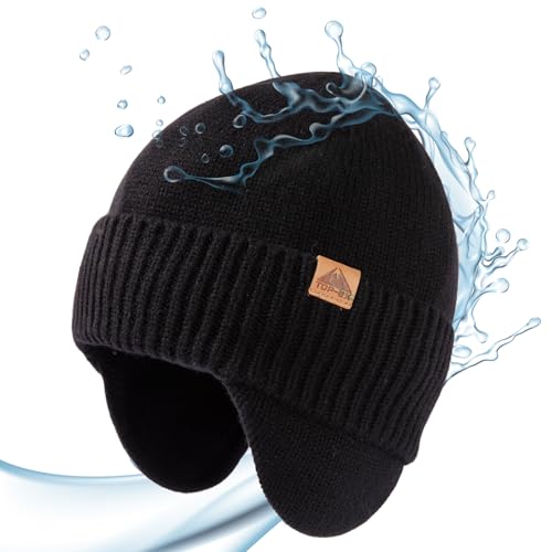 TOP-EX XL/XXL 80% Merinowolle wasserdichte Beanie Herren Damen mit Ohrenschutz Warm Wintermütze Strickmuetze mit Fleecefutter Outdoor Ski Mütze Schwarz XL/XXL von TOP-EX