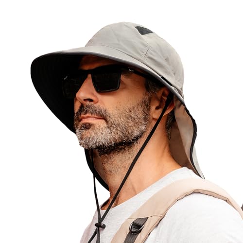 TOP-EX XL/XXL Unisex Sonnenhut Herren Breite Krempe mit Nackenschutz Sonnenbrillenhalter SPF 50 Outdoor Safari Sommerhut Wasserdicht & Faltbar Hellgrau XL/XXL von TOP-EX