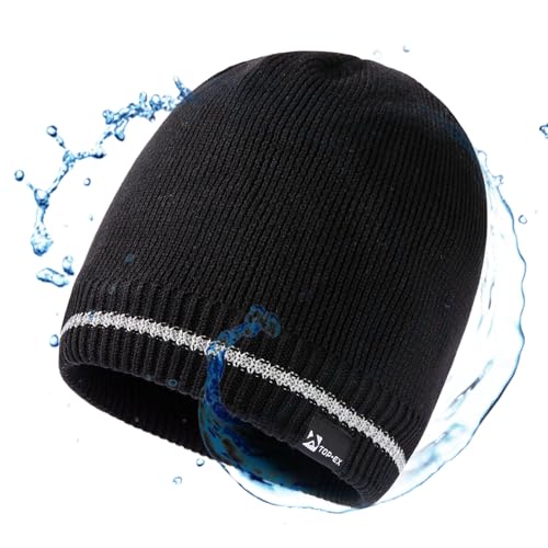 TOP-EX DryKnitTM wasserdichte Merino XL Beanie Mütze Herren Damen Wolle Wintermütze Warm Fleece Strickmuetze Regenmütze Schwarz Reflektierend von TOP-EX