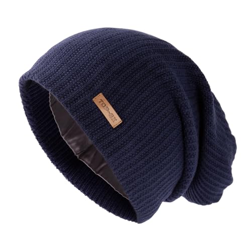 TOPEX XL/XXL Merinowolle Slouch Beanie Herren Mütze Damen Winter Warm Strickmuetze mit Satinfutter Navy Blau XL/XXL von TOP-EX