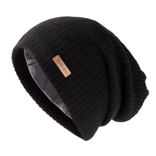 TOPEX XL/XXL Merinowolle Slouch Beanie Herren Mütze Damen Winter Warm Strickmuetze mit Satinfutter Schwarz M/L von TOP-EX