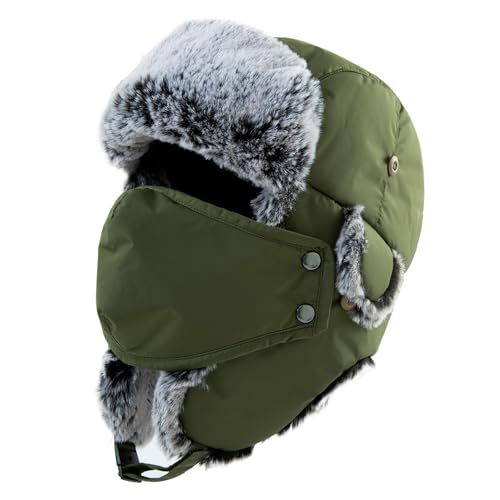 TOPEX XL/XXL Wasserdicht Fliegermütze Herren Wintermütze Warme Trappermütze mit Ohrenklappen Fellmütze Russenmütze TE69265_Army Grün L/XL von TOP-EX