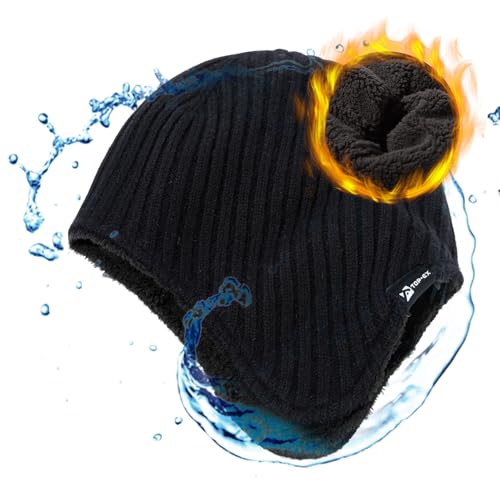 Übergroße XL/XXL Merinowoll Mischung Fleece Futter wasserdichte Ohrenschützer Beanie Mütze Extra groß große Köpfe Männer Frauen Winter gestrickte warme Schädelmütze Skifahren kaltes Wetter Schwarz von TOP-EX