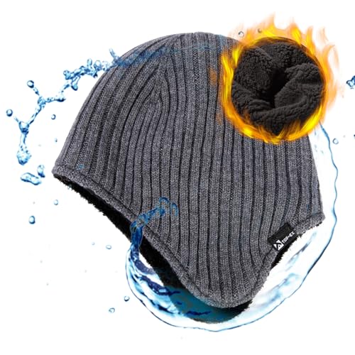 Übergroße XL/XXL Merinowoll Mischung Fleece Futter wasserdichte Ohrenschützer Beanie Mütze Extra groß große Köpfe Männer Frauen Winter gestrickte warme Schädelmütze Skifahren kaltes Wetter Grau von TOP-EX