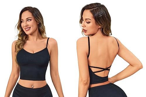 TOP Incessantly Damen Seamless Camisole Bequemer Croptop mit Halter Back Spaghetti -Kreuzgurten Ungefüttert und Ungepolstert, Nero, M von TOP Incessantly