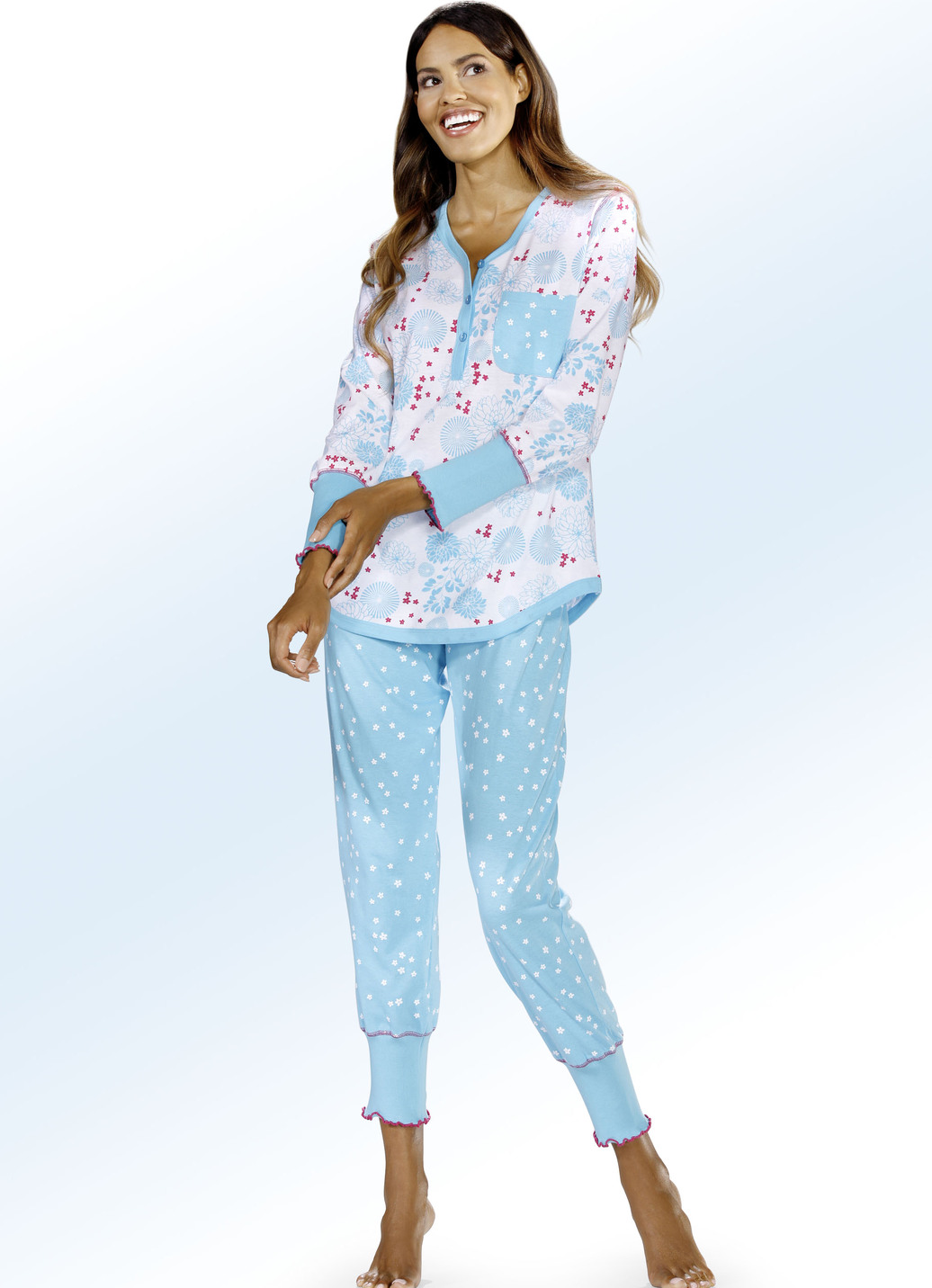 Top Ten Schlafanzug aus Bio-Baumwolle mit Bündchen und Knopfleiste, Weiß-Türkis, Größe 44 von TOP TEN