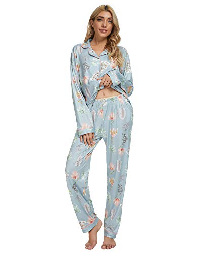 TOP-VIGOR Schlafanzug Damen Pyjama Sets Weiche Damen Pjs Blumen Langarm Button Down Nachtwäsche für Damen Loungewear Nachtwäsche von TOP-VIGOR