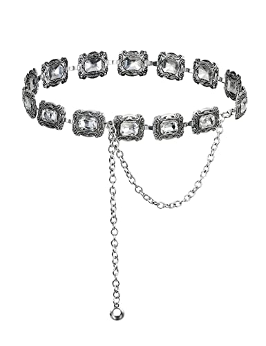 TOPACC Western-Metall-Concho-Gürtel für Damen, Cowgirl-Kette, Gürtel für Kleider, Jeans, Country-Konzert-Outfit, Silber-32, Length 45" (28"+extended chain 17") von TOPACC