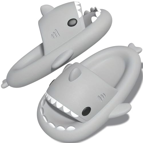 TOPALL Hai Hausschuhe,Shark Slippers,Hausschuhe Damen/Herren/Kinder Badelatschen,Hai Schuhe,Hai Schlappen,Pillow Cloud Shark Slides Süße Cozy Sharky Lustig Badesandalen für Sommer(Hellgrau,40/41) von TOPALL