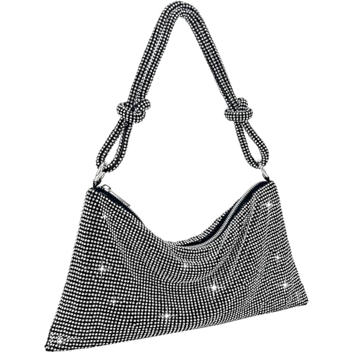 TOPALL Clutch Glitzer Damen,Silber Abendtasche,Handtasche Diamant Tasche Schultertasche Silber mit Reißverschluss, Strasssteine Clutches Brieftaschen Umhängetasche für Party Freizeit Date(A-Schwarz) von TOPALL