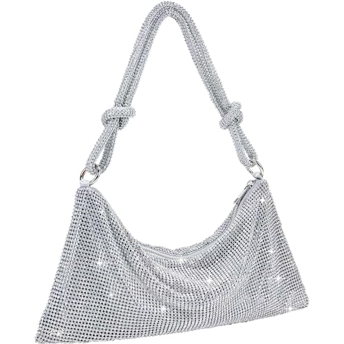 TOPALL Clutch Glitzer Damen,Silber Abendtasche,Handtasche Diamant Tasche Schultertasche Silber mit Reißverschluss, Strasssteine Clutches Brieftaschen Umhängetasche für Party Freizeit Date(A-Silber) von TOPALL