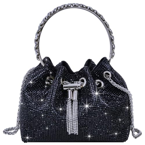 TOPALL Clutch Glitzer Damen,Silber Abendtasche,Handtasche Diamant Tasche Schultertasche Silber mit Reißverschluss, Strasssteine Clutches Brieftaschen Umhängetasche für Party Freizeit Date(B-Schwarz) von TOPALL