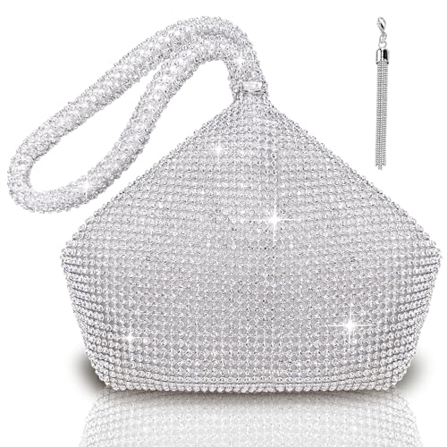 TOPALL Clutch Glitzer Damen,Silber Abendtasche,Handtasche Diamant Tasche Schultertasche Silber mit Reißverschluss, Strasssteine Clutches Brieftaschen Umhängetasche für Party Freizeit Date(C-Silber) von TOPALL