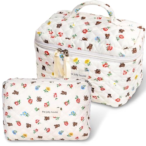 TOPALL Reise Kosmetiktasche Set Damen,Blumen Kosmetiktasche Aesthetic Make Up Bag Tasche Gesteppte Kulturtasche Beauty Case Baumwolle,Bear&Flower(Large+Medium) von TOPALL