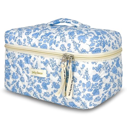 TOPALL Reise Kosmetiktasche Set Damen,Blumen Kosmetiktasche Aesthetic Make Up Bag Tasche Gesteppte Kulturtasche Beauty Case Baumwolle,Blue Flower(Large) von TOPALL