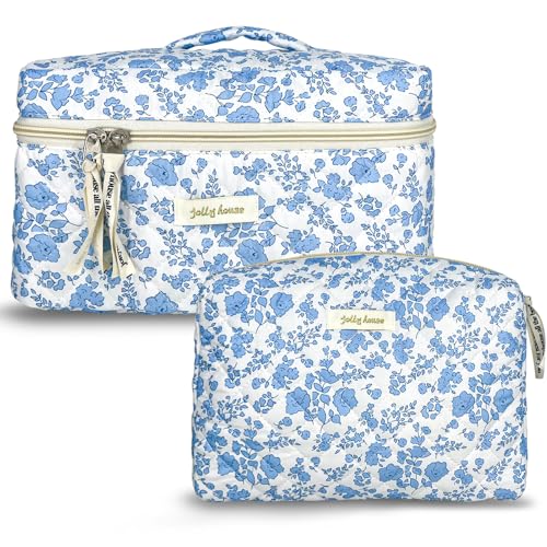 TOPALL Reise Kosmetiktasche Set Damen,Blumen Kosmetiktasche Aesthetic Make Up Bag Tasche Gesteppte Kulturtasche Beauty Case Baumwolle,Blue Flower(Large+Medium) von TOPALL