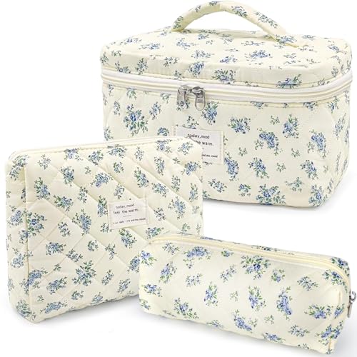 TOPALL Reise Kosmetiktasche Set Damen,Blumen Kosmetiktasche Aesthetic Make Up Bag Tasche Gesteppte Kulturtasche Beauty Case Baumwolle,Blue Gourd Flower(Large+Medium+Pouch) von TOPALL