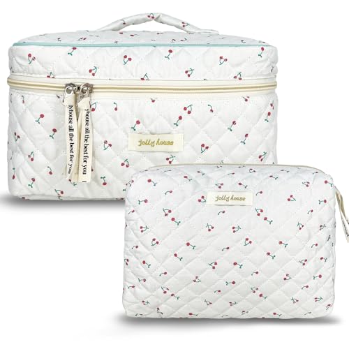 TOPALL Reise Kosmetiktasche Set Damen,Blumen Kosmetiktasche Aesthetic Make Up Bag Tasche Gesteppte Kulturtasche Beauty Case Baumwolle,Cherry(Large+Medium) von TOPALL