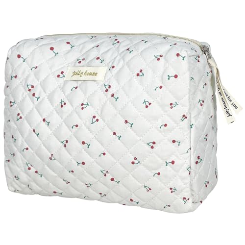 TOPALL Reise Kosmetiktasche Set Damen,Blumen Kosmetiktasche Aesthetic Make Up Bag Tasche Gesteppte Kulturtasche Beauty Case Baumwolle,Cherry 1PCS(Medium) von TOPALL