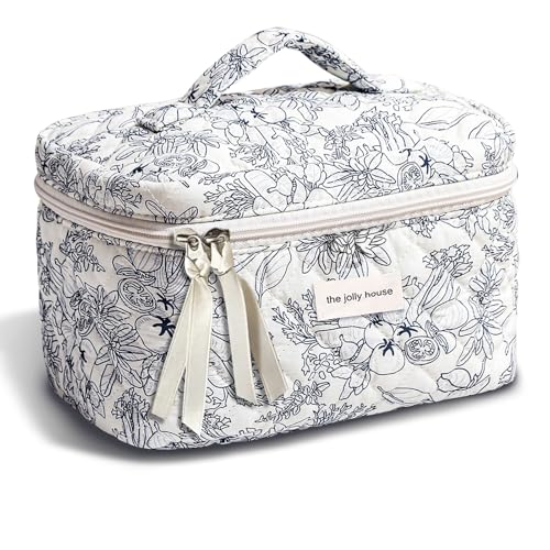 TOPALL Reise Kosmetiktasche Set Damen,Blumen Kosmetiktasche Aesthetic Make Up Bag Tasche Gesteppte Kulturtasche Beauty Case Baumwolle,Cyan Flower(Large) von TOPALL