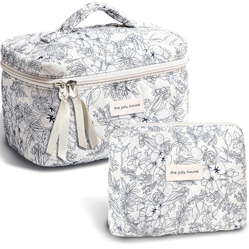 TOPALL Reise Kosmetiktasche Set Damen,Blumen Kosmetiktasche Aesthetic Make Up Bag Tasche Gesteppte Kulturtasche Beauty Case Baumwolle,Cyan Flower(Large+Medium) von TOPALL