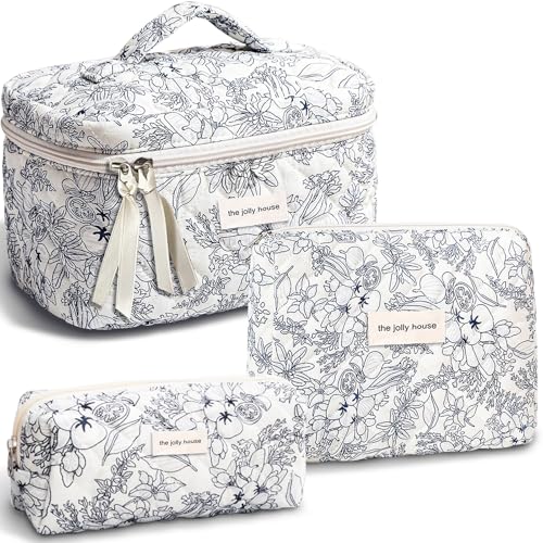 TOPALL Reise Kosmetiktasche Set Damen,Blumen Kosmetiktasche Aesthetic Make Up Bag Tasche Gesteppte Kulturtasche Beauty Case Baumwolle,Cyan Flower(Large+Medium+Pouch) von TOPALL