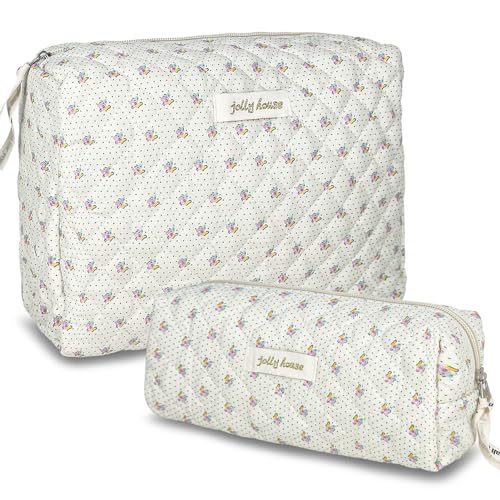 TOPALL Reise Kosmetiktasche Set Damen,Blumen Kosmetiktasche Aesthetic Make Up Bag Tasche Gesteppte Kulturtasche Beauty Case Baumwolle,Groß Schminktasche Travel Essentials Aesthetic Stuff Clean Girl von TOPALL