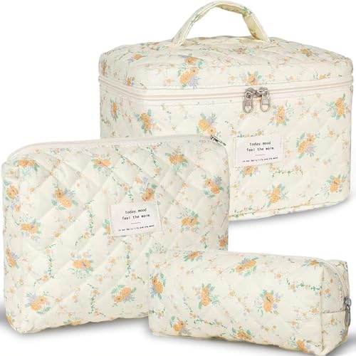 TOPALL Reise Kosmetiktasche Set Damen,Blumen Kosmetiktasche Aesthetic Make Up Bag Tasche Gesteppte Kulturtasche Beauty Case Baumwolle,Orange Flower(Large+Medium+Pouch) von TOPALL