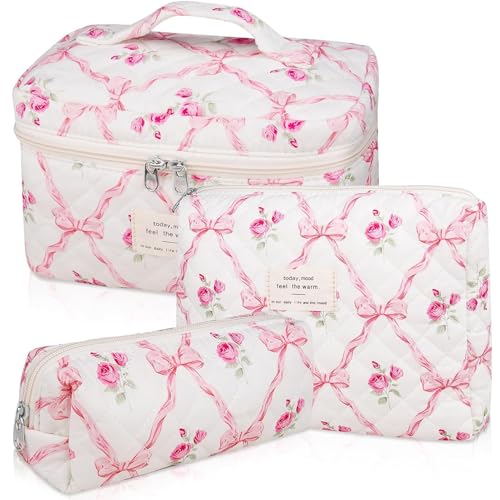 TOPALL Reise Kosmetiktasche Set Damen,Blumen Kosmetiktasche Aesthetic Make Up Bag Tasche Gesteppte Kulturtasche Beauty Case Baumwolle,Pink Bow(Large+Medium+Pouch) von TOPALL