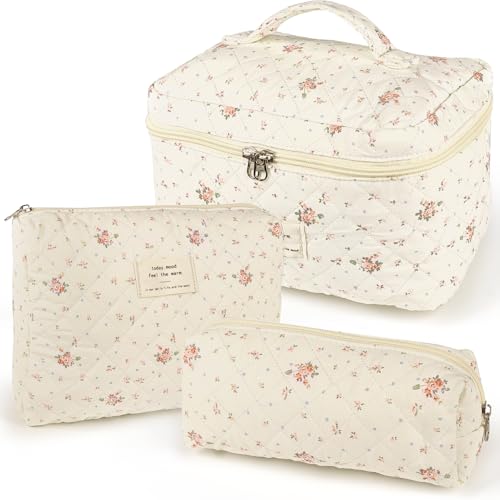 TOPALL Reise Kosmetiktasche Set Damen,Blumen Kosmetiktasche Aesthetic Make Up Bag Tasche Gesteppte Kulturtasche Beauty Case Baumwolle,Red Flower(Large+Medium+Pouch) von TOPALL