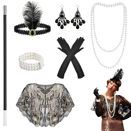 TOPBELIEF 7PCS 20er Jahre Accessoires, 20er Jahre Kostüm Damen, Mafia Kostüm Damen, Great Gatsby Accessoires mit Handschuhen Haarband Halskette Ohrringe Armband Schal Halloween-Party Mottoparty von TOPBELIEF