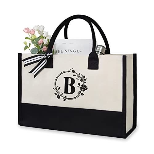 TOPDesign Personalisierte Initiale Canvas Strandtasche, Monogramm-Geschenktasche für Frauen, schwarz / weiß, 17" x 11.8" x 7.8", B von TOPDesign