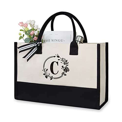 TOPDesign Personalisierte Initiale Canvas Strandtasche, Monogramm-Geschenktasche für Frauen, schwarz / weiß, 17" x 11.8" x 7.8", C von TOPDesign