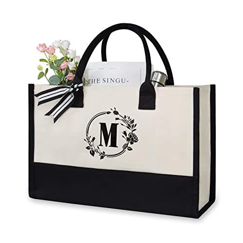TOPDesign Personalisierte Strandtasche aus Jute/Segeltuch, Monogrammierte Geschenktasche für Damen, Schwarz und Weiß, 17" x 11.8" x 7.8" von TOPDesign