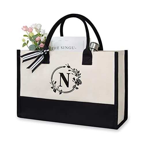 TOPDesign Personalisierte Initiale Canvas Strandtasche, Monogramm-Geschenktasche für Frauen, schwarz / weiß, 17" x 11.8" x 7.8", N von TOPDesign