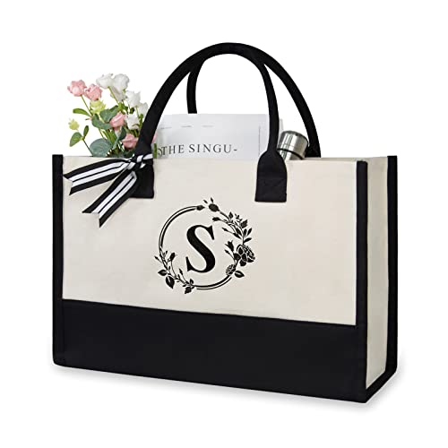 TOPDesign Personalisierte Initiale Canvas Strandtasche, Monogramm-Geschenktasche für Frauen, schwarz / weiß, 17" x 11.8" x 7.8", S von TOPDesign