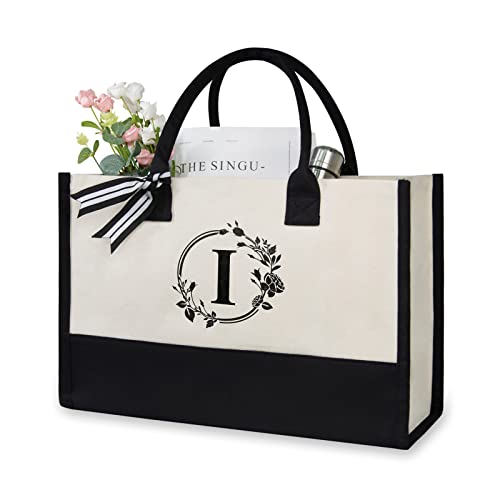 TOPDesign Personalisierte Initiale Canvas Strandtasche, Monogramm-Geschenktasche für Frauen, schwarz / weiß, Medium, I von TOPDesign