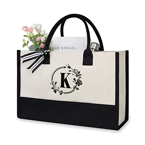 TOPDesign Personalisierte Strandtasche aus Jute/Segeltuch, Monogrammierte Geschenktasche für Damen, Schwarz und Weiß, 17" x 11.8" x 7.8" von TOPDesign